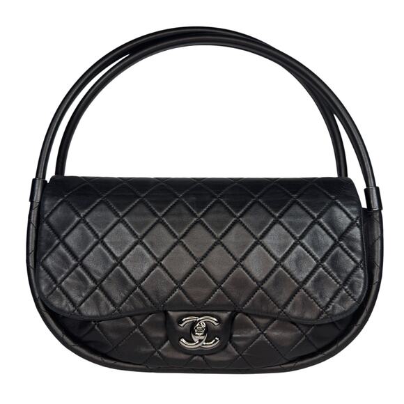 Chanel Medium Hula Hoop Bag Vintage CC Black Lambskin Flap SHW Quilted Rare - Picture 1 of 14